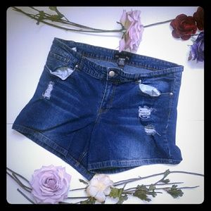 Fashion to figure mid wash distressed denim shorts